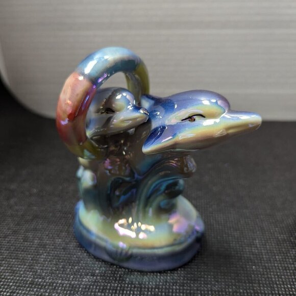 Set of 2 Vintage 90s Baby Dolphin Figurines Iridescent Blue Purple Yellow Decor - Picture 3 of 9